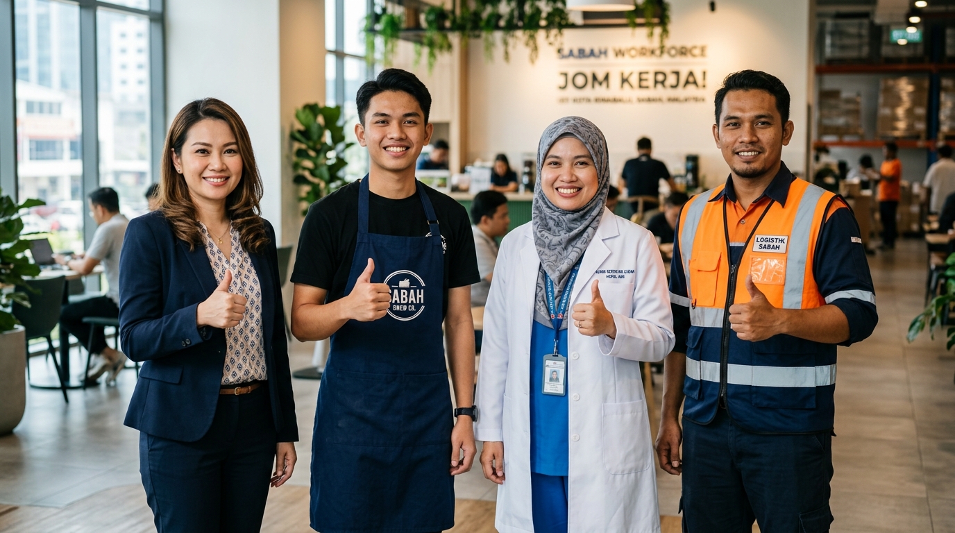 Profesional dan tenaga kerja pelbagai bidang di Sabah Malaysia tersenyum gembira dan menunjukkan tanda bagus